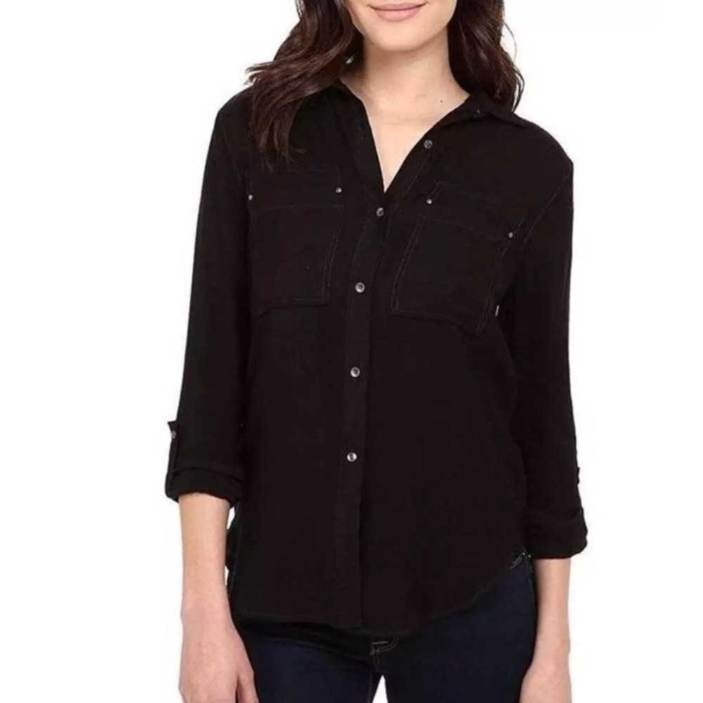 Calvin Klein Airflow Utility Black Button Downโ Roll Up Long Sleeve Shirt Size L